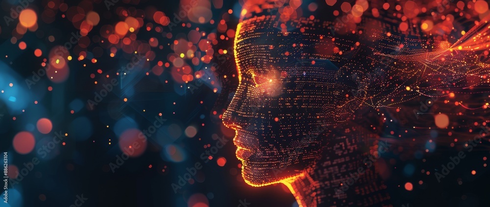 Poster as seen in this isometric illustration, stock is applied to the face of a humanoid head analyzing bi