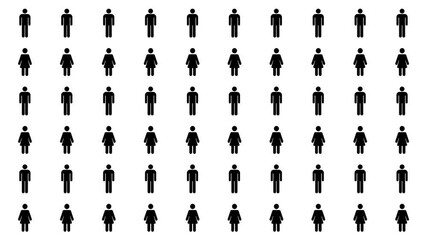Men and Women icons appear with a bouncing animation, in a lively, eye-catching style. White, Black and Green Screen Background. Infographic Pictogram, gender equality and statistical data concept