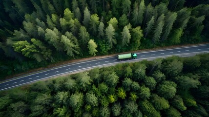 This captivating aerial image depicts a single green lorry navigating a serpentine road through an expansive, verdant forest. road winds out of sight, representing continuous pursuit of sustainability