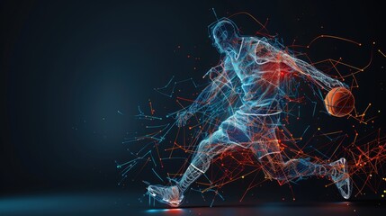 A high-tech abstract depiction of a basketball player in mid-action, captured in a slam dunk pose, designed with thin line vectors and neon gradient wireframe cybernetic particles, showcasing a sleek