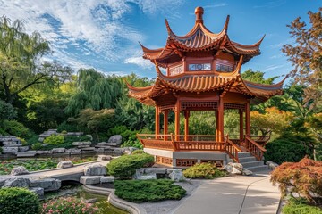 Fototapeta premium A pagoda stands tall amidst a well-manicured garden with lush greenery, Create a modern interpretation of the classic pagoda design
