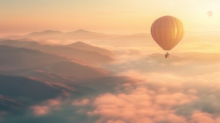 Hot Air Balloon Soaring Above Misty Mountains at Sunrise