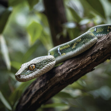The green snake was on a tree branch, its eyes focused on stalking its prey