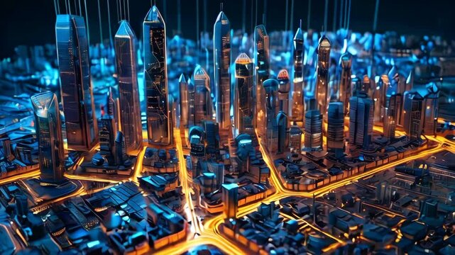 Futuristic city on an extensive illuminated circuit board. Technology paradigm. Future cityscape. Including web3, connectivity, AI, machine learning, and AR.
