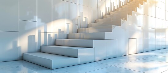 Stock market bar graph depicting a sharp rise in values, illustrating dynamic market growth. Modern setting with white wall and stairs, 3D rendered for realism.