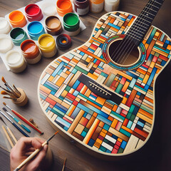 Abstract digital artwork with bright colors and shapes on an acoustic guitar.
The guitar has been given a makeover with a stunning mosaic design.
