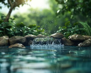 Crystal Clear Water Cascades Over Rocks, A Symbol of Purity and Serenity in Nature, Tranquil Stream Flowing Through Lush Greenery, Serene Waterfall Scene, Nature's Beauty and Purity, Water Feature