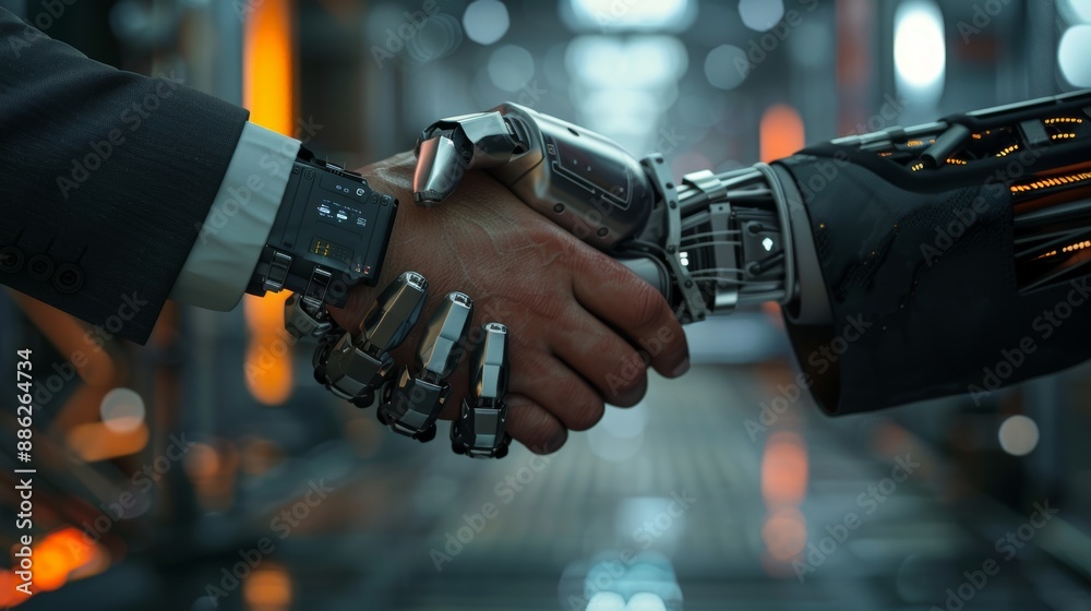 Poster Using machine learnings and stock to create the fourth industrial revolution while shaking hands with a digital partner.