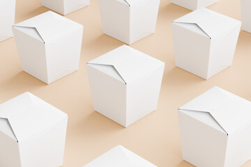 Rendering of closed white empty take away meal box with chop stick on cream background for product mockup presentation of eastern country food