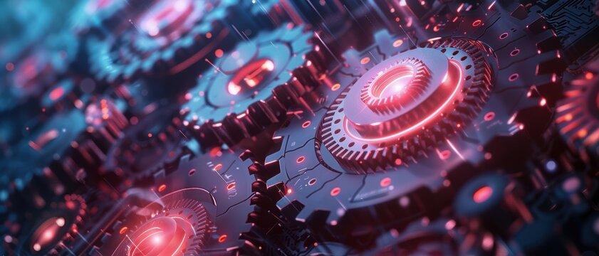 A digital background featuring interconnected gears and circuits, symbolizing complex tech processes and automation