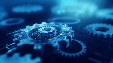 High-tech digital wireframe rendering of interconnected gears in a blue and black mechanical or engineering concept.