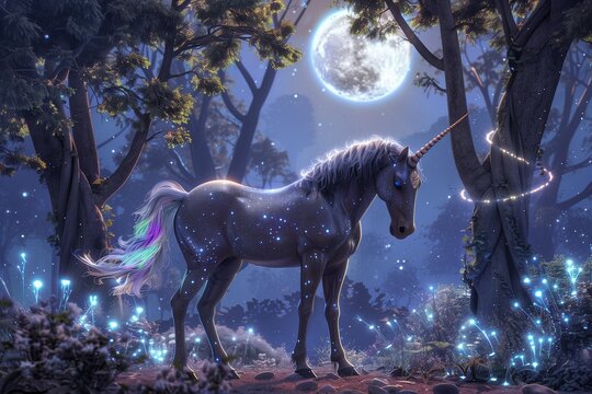 A majestic unicorn standing gracefully in a moonlit enchanted forest, its iridescent mane shimmering and the surrounding trees glowing softly with bioluminescent plants. - Powered by Adobe