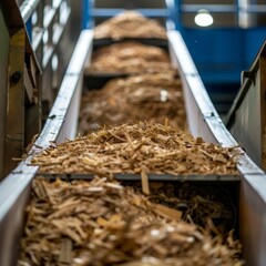Conveyor belt transporting sawdust into wood pellet manufacturing machine for efficient production