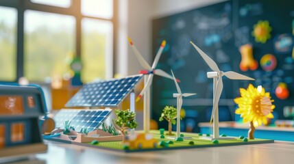 A school with students learning about renewable energy, with solar panels and wind turbine models on display