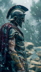 Spartan Soldier.  Generated image.  A digital illustration of a Spartan soldier in a dramatic pose in the rain.