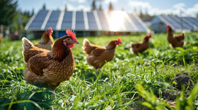 A scene of a sustainable chicken farm with solar panels and greenhouses in the background, showing eco-friendly practices