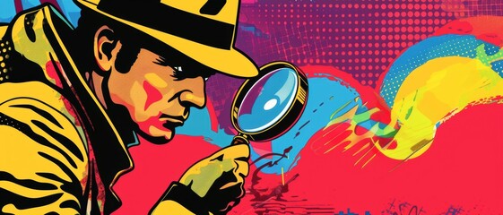 A vintage pop art image of a detective solving a mystery, with a magnifying glass and bold, colorful backgrounds