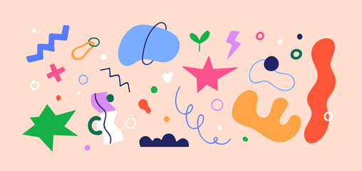 Abstract design elements set in modern trendy doodle style. Creative organic shapes, scribbles, comic decorations, clip arts bundle. Funny decorative irregular figures, lines. Flat vector illustration