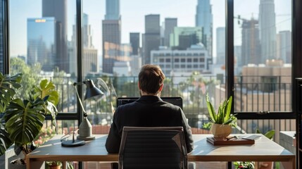 An agent working from a modern home office, with the city's skyline creating a vibrant backdrop