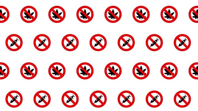 Seamless loop pattern of drugs icons with no symbol on a white background. weed and injection needle infographic and pictogram background. Illegal drug abuse concept. 4K Motion Graphics.