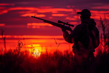 Hunter male female shooting from rifle gun in woods safari hunting season, Generative AI