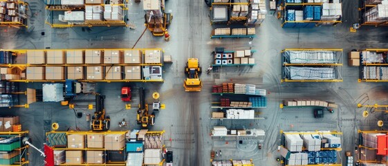 An overhead view of a warehouse with AI-driven systems efficiently categorizing and locating products for quick retrieval