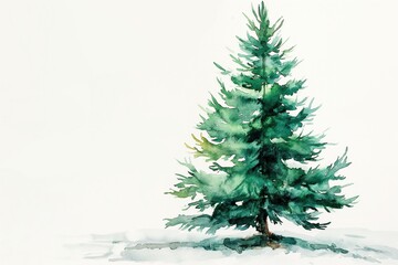 Solitary pine tree in watercolor set against a crisp, snowy ground, embodying the quiet of winter