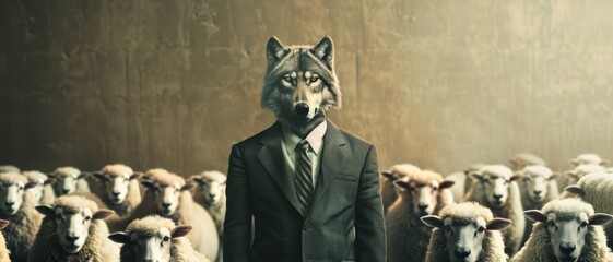 The wolf in a suit giving a speech at a corporate event, with sheep listening intently, highlighting hidden motives