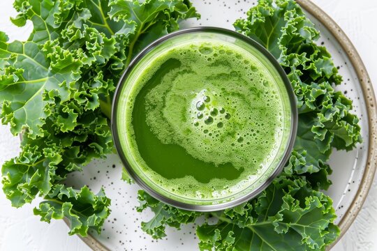 Desintoxication mixture of green col rizada juice with fresh col rizada leaves on a white plate over a white background