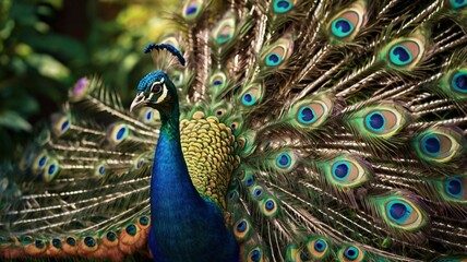 Obraz premium A vibrant peacock displaying its feathers in a botanical garden 