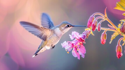 Fototapeta premium A close-up of a hummingbird feeding from a pink flower, with warm morning light enhancing the colors and details of its feathers