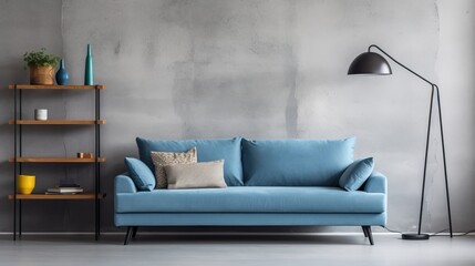 Modern Minimalist Living Room with a Blue Sofa