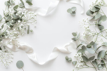 Flat lay composition with white gypsophila flowers, eucalyptus leaves and satin ribbon on a white background. Mockup for a design in the flat lay style.