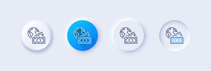 Global business line icon. Neumorphic, Blue gradient, 3d pin buttons. Internet payment sign. Social charity symbol. Line icons. Neumorphic buttons with outline signs. Vector