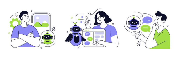 Prompt engineering work. Character generating content with generative AI marketing tools. Artificial intelligence in business concept. Vector illustration.
