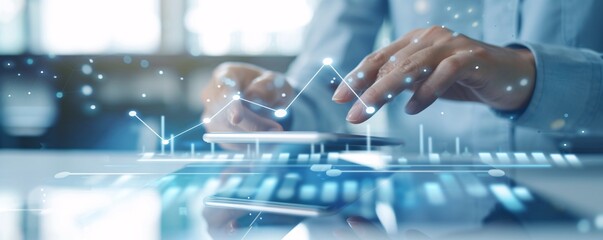 A professional advisor gesturing towards a financial graph on a digital tablet, emphasizing expertise in investment planning, with generous copyspace for additional information.