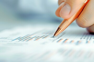 The hand of a financial advisor highlighting key figures on an investment portfolio, representing careful planning and expertise, with ample copyspace for text.