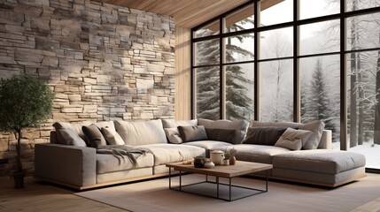 Cozy Living Room With a View of a Snow-Covered Forest