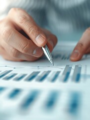 The hands of an advisor pointing to a bar graph on a printed report, representing investment planning and expertise, with significant copyspace for additional text.