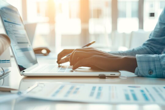 An advisor using a laptop to explain investment strategies to a client, highlighting planning and expertise, with generous copyspace.