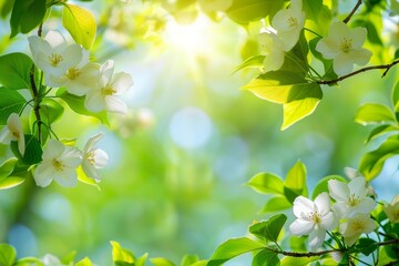 Naklejka premium White Flowers Blooming on a Branch with Green Leaves and Bright Sun in the Background