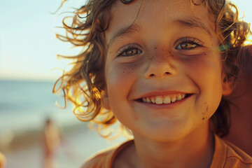 Fototapeta premium Happy full young family members with kids resting by the beach summer vacation time, Generative AI