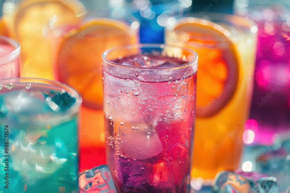 Poster refreshing colorful cocktails standing on a bar counter with ice cubes, perfect for summer