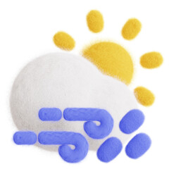 Sun in cloud with wind and rain isolated. Weather forecast icon. Climate elements. 3D Wool felt style illustration. 
