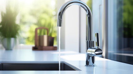 Close-up of a modern kitchen faucet with water droplets sparkling in the sunlight, clean and sleek design