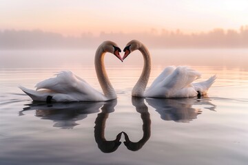 Two swans gracefully swimming in a calm lake at sunrise, their necks forming a heart shape as they approach each other. The water reflects the soft pink and orange hues of the morning sky.