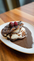 A hand pours chocolate sauce over a dessert with cream and raspberries on a white plate. The image captures the indulgence and presentation, perfect for culinary and dessert-related content.