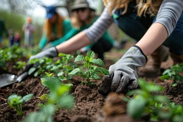 Volunteers planting trees in a community park, with people of all ages working together, shovels in hand, and a variety of saplings being planted