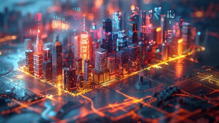 Fototapeta premium Isometric view of a city, soft focus with amazing reflections and atmospheric lighting, with infographic elements, bar graphs, line graphs, and numbers above the buildings.