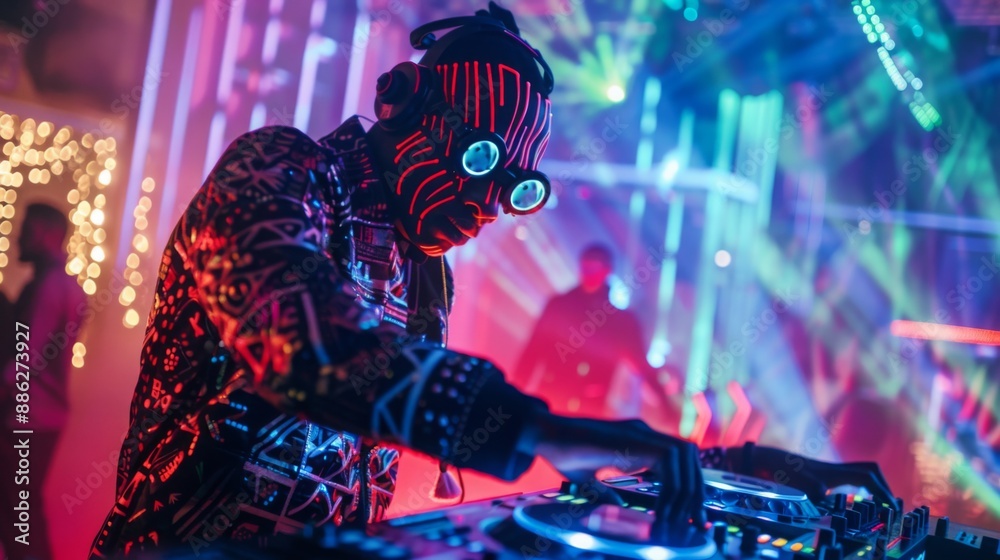 Aufkleber a dj wearing a glowing neon face mask mixes music at a party with colorful lights and a crowd in the